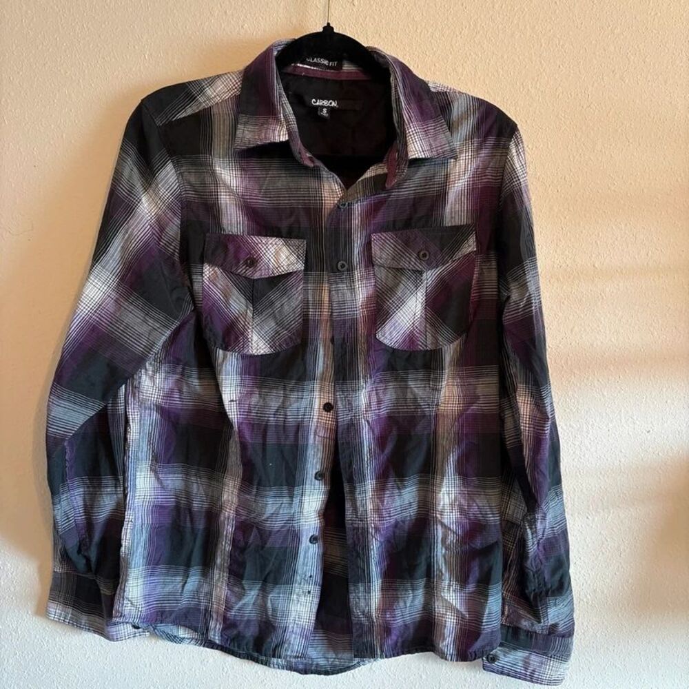Carbon Men's Small Purple Black Plaid Button Up Shirt Classic Fit